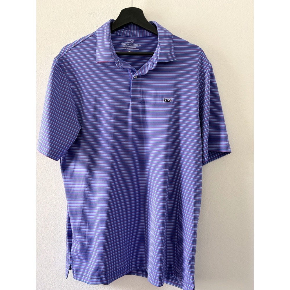 Vineyard Vines Performance Polo Shirt Medium Blue Red Striped Golf Tennis Mens